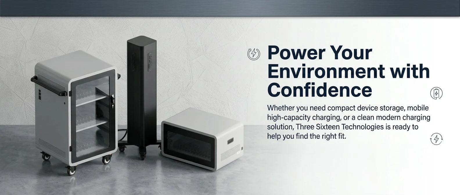 Three modern, compact, and sleek electric or battery-powered appliances with glass doors and wheels, designed for storage or cooling, set against a minimalist background with text promoting confidence in environmental power solutions.