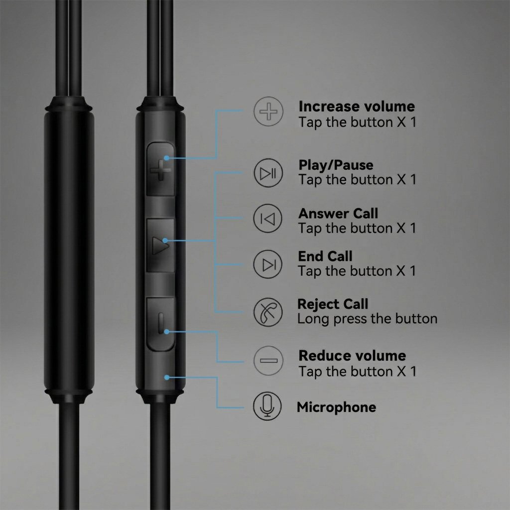 Image of an in-line remote control with six buttons and a built-in microphone, accompanied by a legend explaining each button's function, including volume control, play/pause, answer/end call, reject call, and microphone activation.