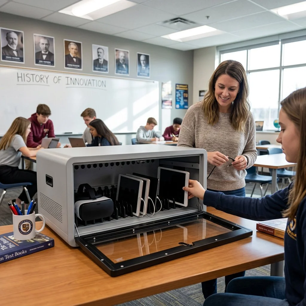 Teacher demonstrating tablet charging station to student in classroom with students working on laptops and whiteboard with 'History of Innovation' written on it.