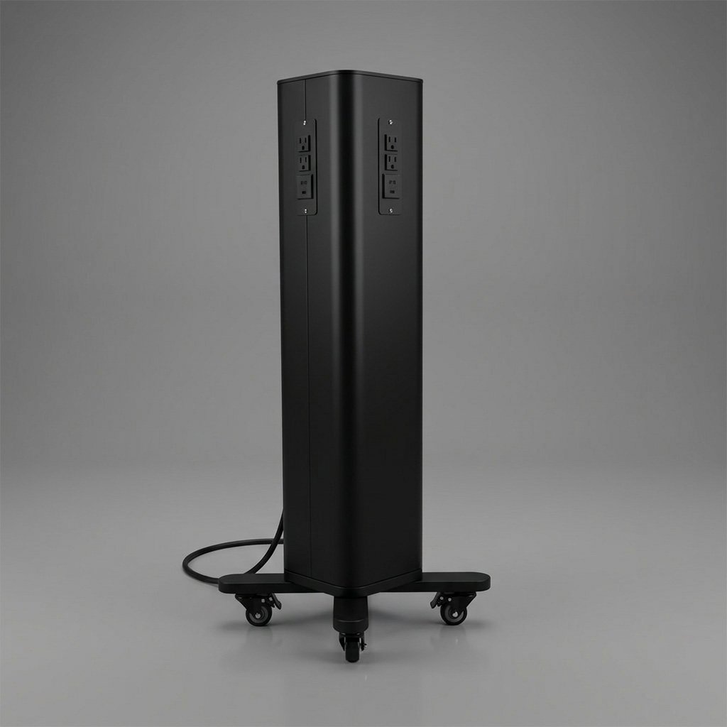 A tall black tower with multiple electrical outlets and USB ports, mounted on a base with wheels.