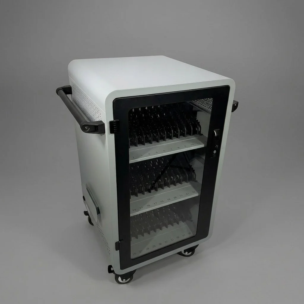 A white and black mobile charging station with glass door and multiple charging cables inside.