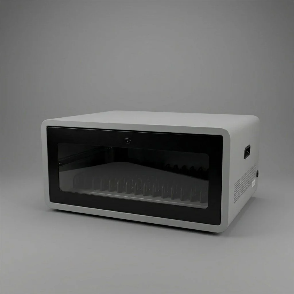 A small, white laboratory oven with a black front and a glass door, placed on a light gray surface.