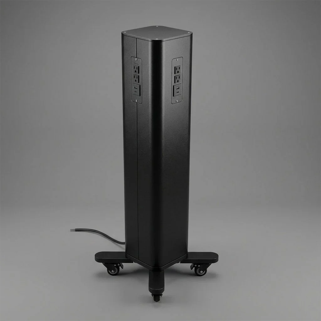 Tall black portable power station with multiple outlets, mounted on a rolling stand with wheels.