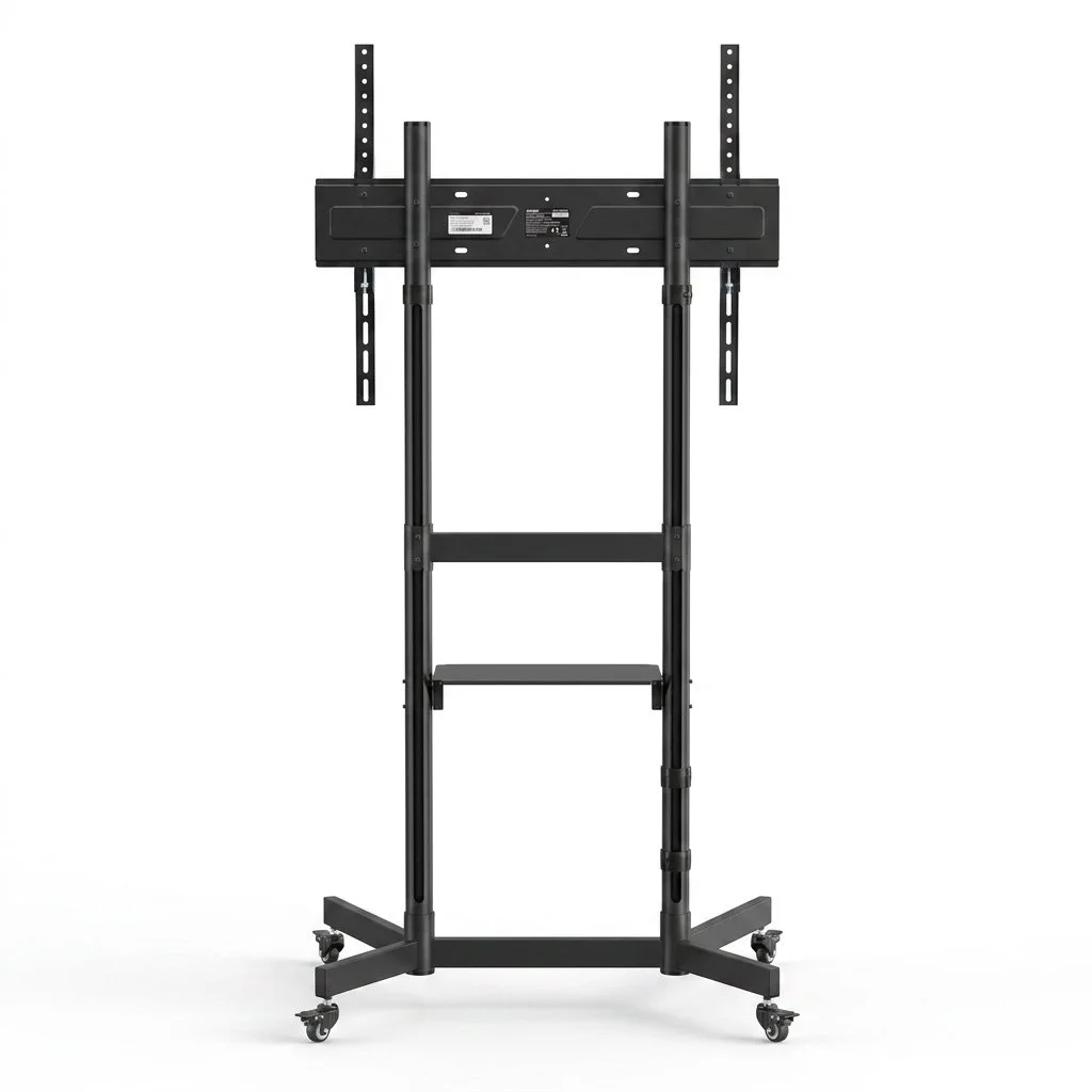 Rear view of the adjustable mobile display stand showing its dual-column support structure.