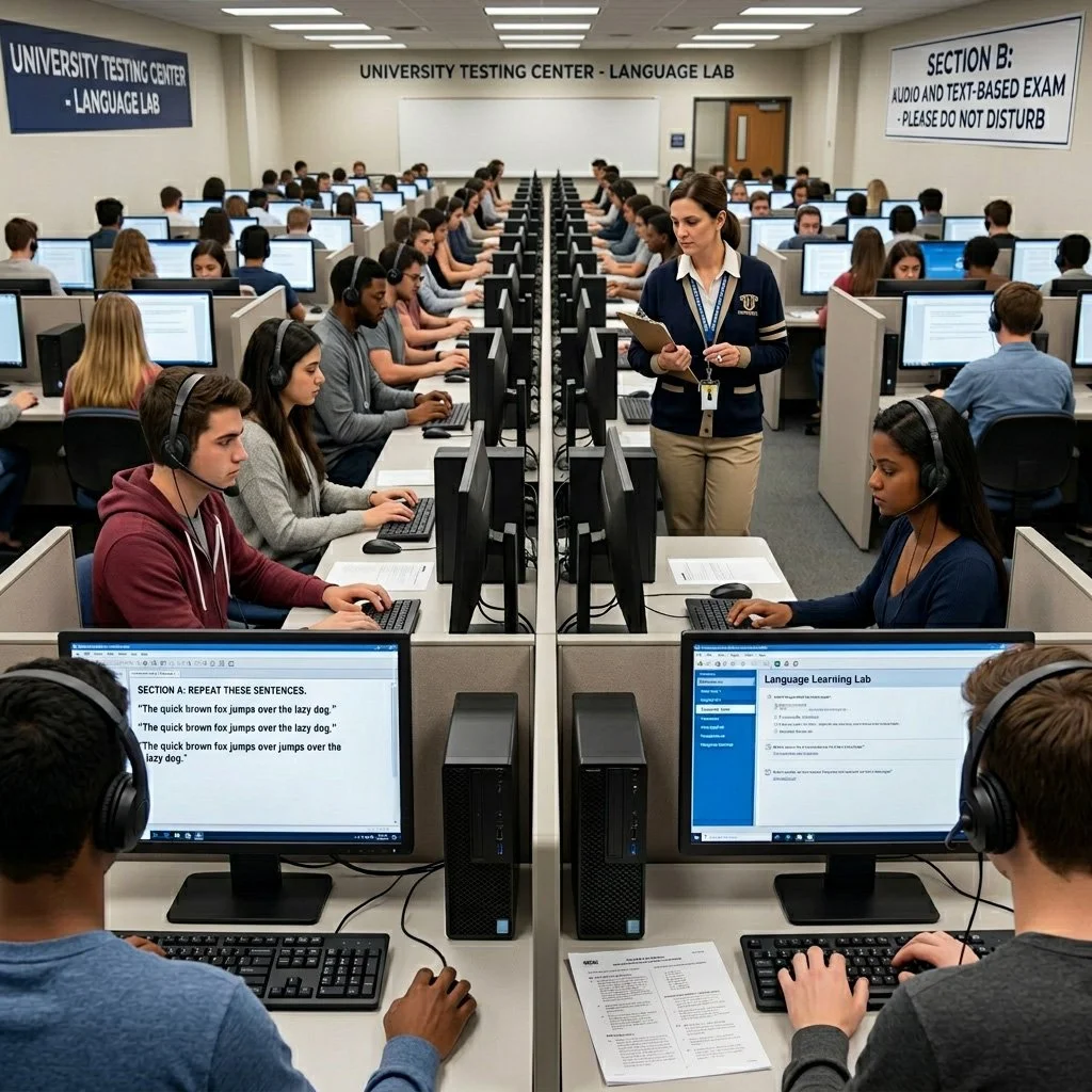 A large computer lab filled with students taking an exam. Students are wearing headphones and working at computers separated by dividers. An instructor is walking through the lab. Signs on the wall indicate it is a university testing center and language lab, with specific instructions for sections of the exam.
