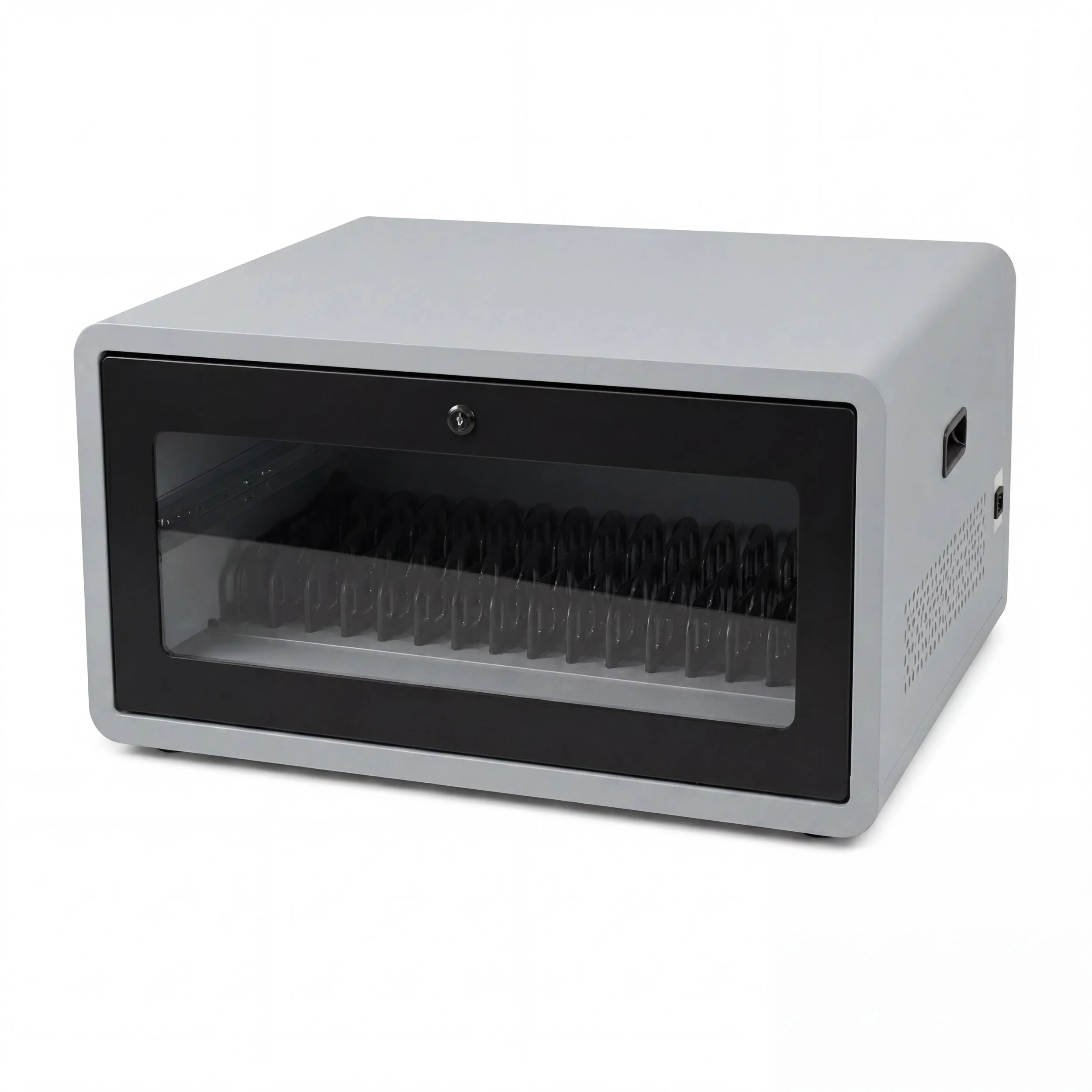 Grey and black 16 Unit Charging Cabinet with locking transparent front door and internal device dividers.