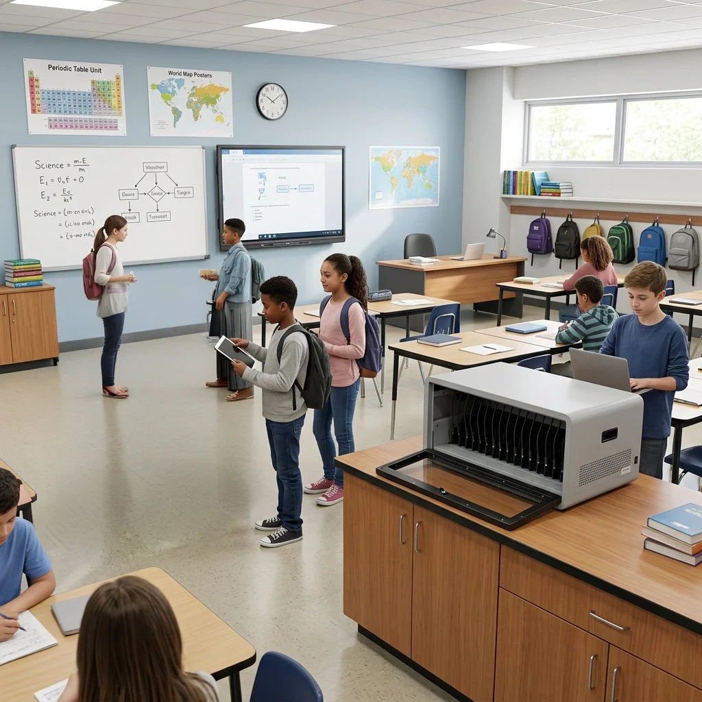 A classroom with students standing near the whiteboard, some holding tablets or books, while others sit at desks with laptops. The whiteboard displays science equations, and posters of the periodic table and world map are on the wall. There is a teacher's desk near the window, and backpacks hang on hooks along the wall.