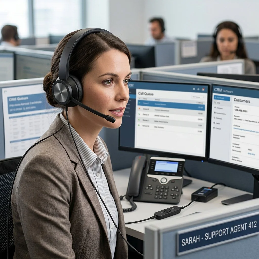 A support agent wearing a headset working at a call center with multiple computer screens, one displaying a call queue, and a nameplate reading 'Sarah - Support Agent 412'.