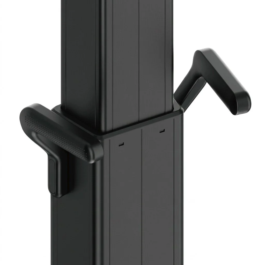 Close-up of the easy-grip handle used to guide and reposition the motorized mobile display stand.