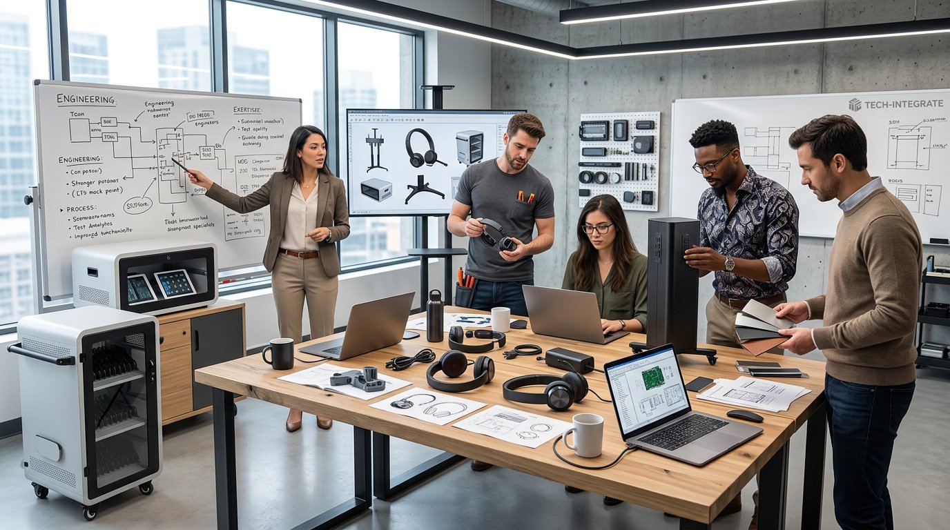 A group of five people working together in a high-tech office with electronic devices, whiteboards, and technical drawings on a large table and walls.