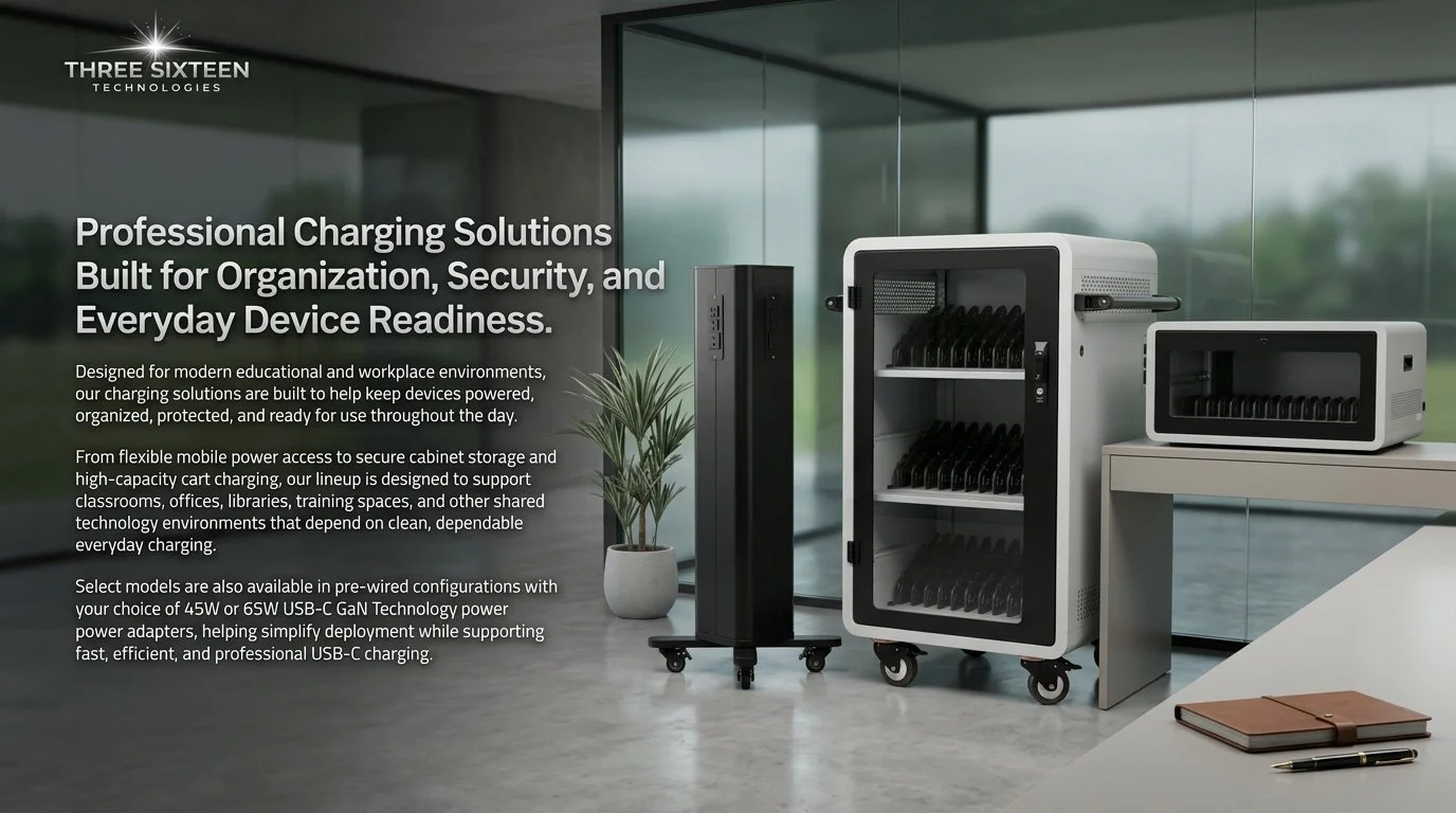 A display of professional charging solutions including a black mobile power access unit, a white cabinet with multiple slots for devices, and a smaller white device on a table, with text describing their features, in a modern office setting with large windows and a potted plant.