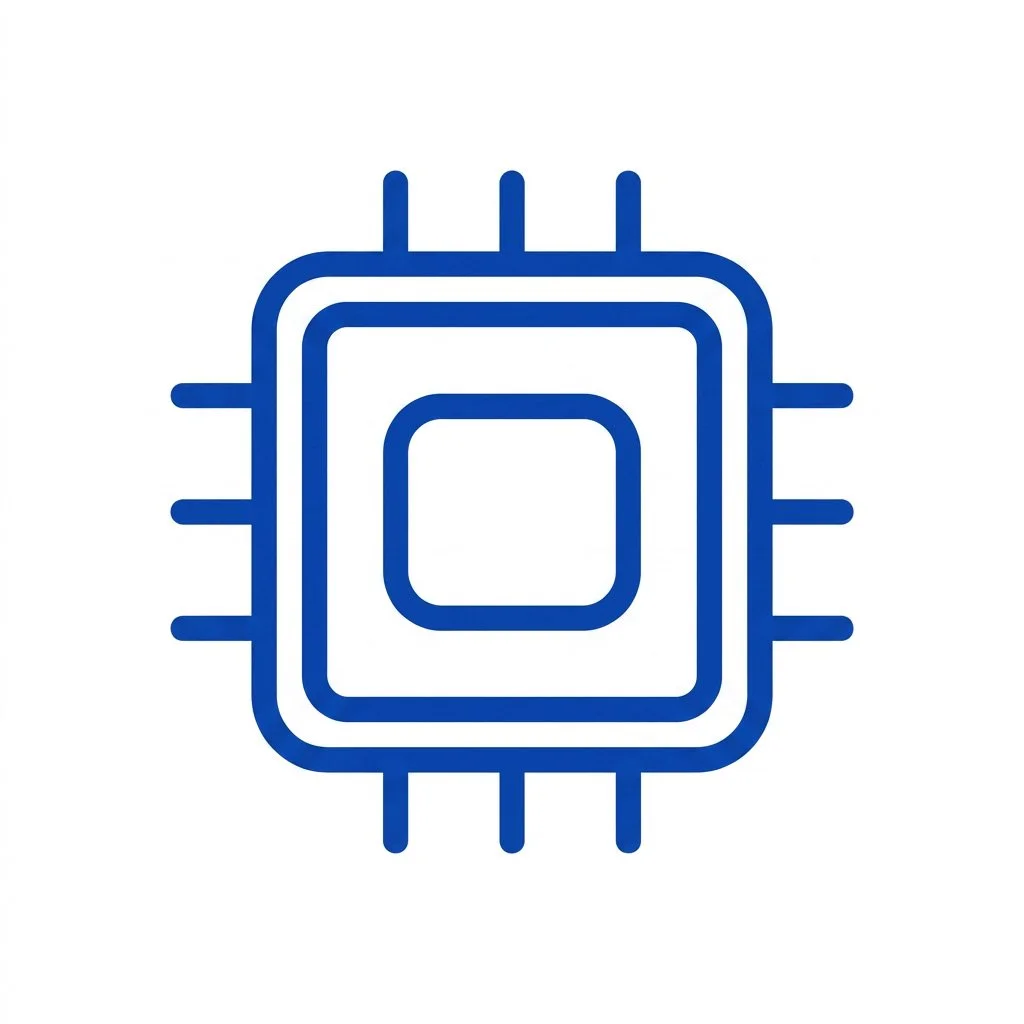 Outline of a microchip or computer processor in blue color on a white background.