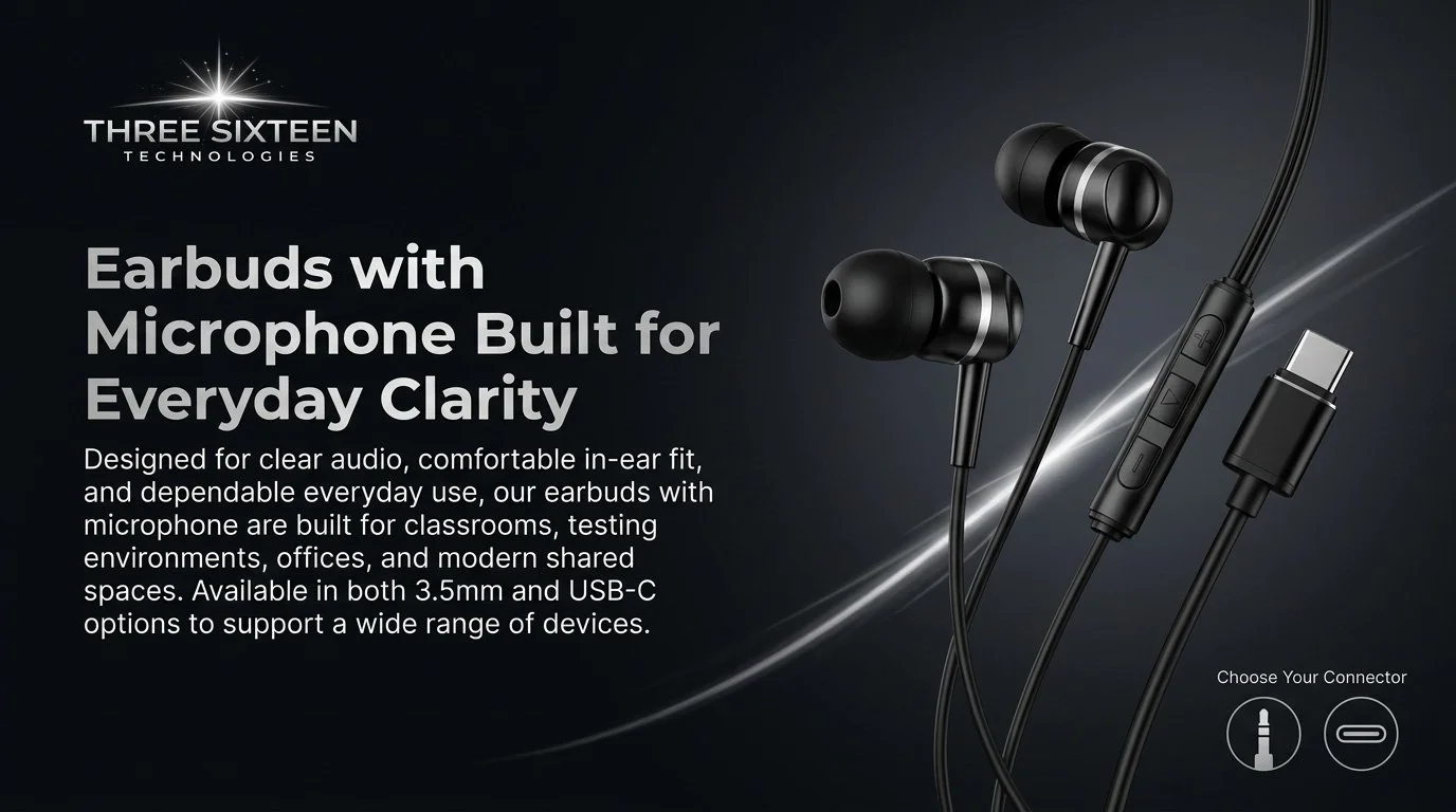 Image of a pair of black wired earbuds with a built-in microphone, shown alongside a USB-C connector and a 3.5mm jack, with promotional text describing the earbuds' features.