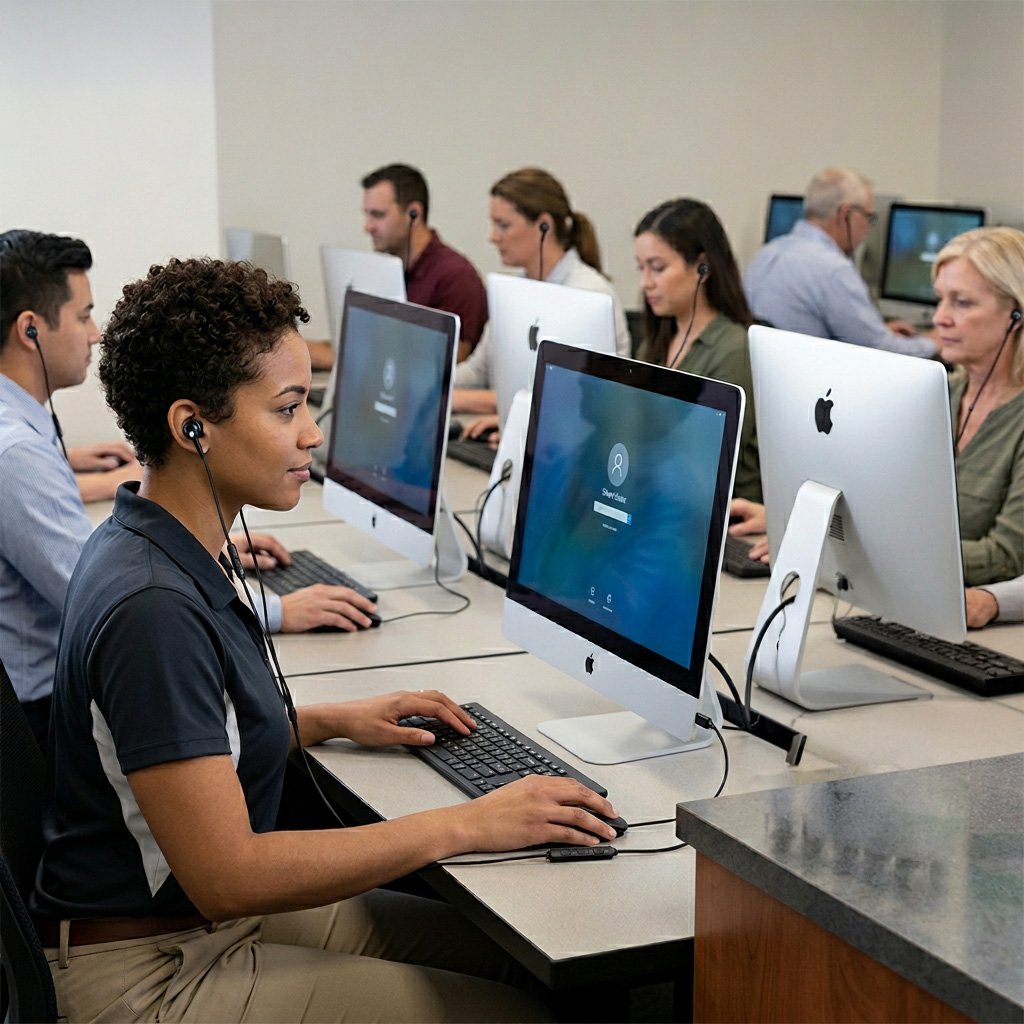 Group of diverse people working at computers in an office, each wearing headphones.