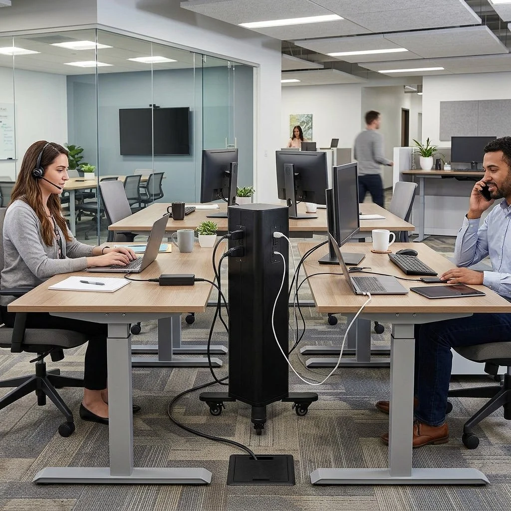 Two employees working at computers in an office, separated by a central charging station, with three other employees working in the background.