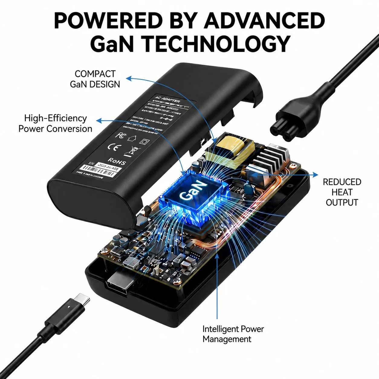 45W and 65W USB-C power adapters using compact Gallium Nitride charging technology.