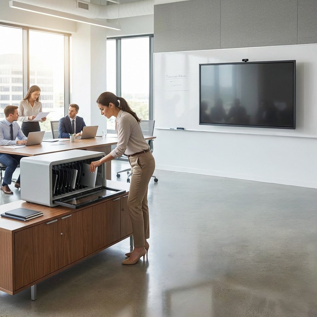 A woman in beige pants and heels loading a document scanner in a modern conference room with four other people working at laptops and a large wall-mounted screen.