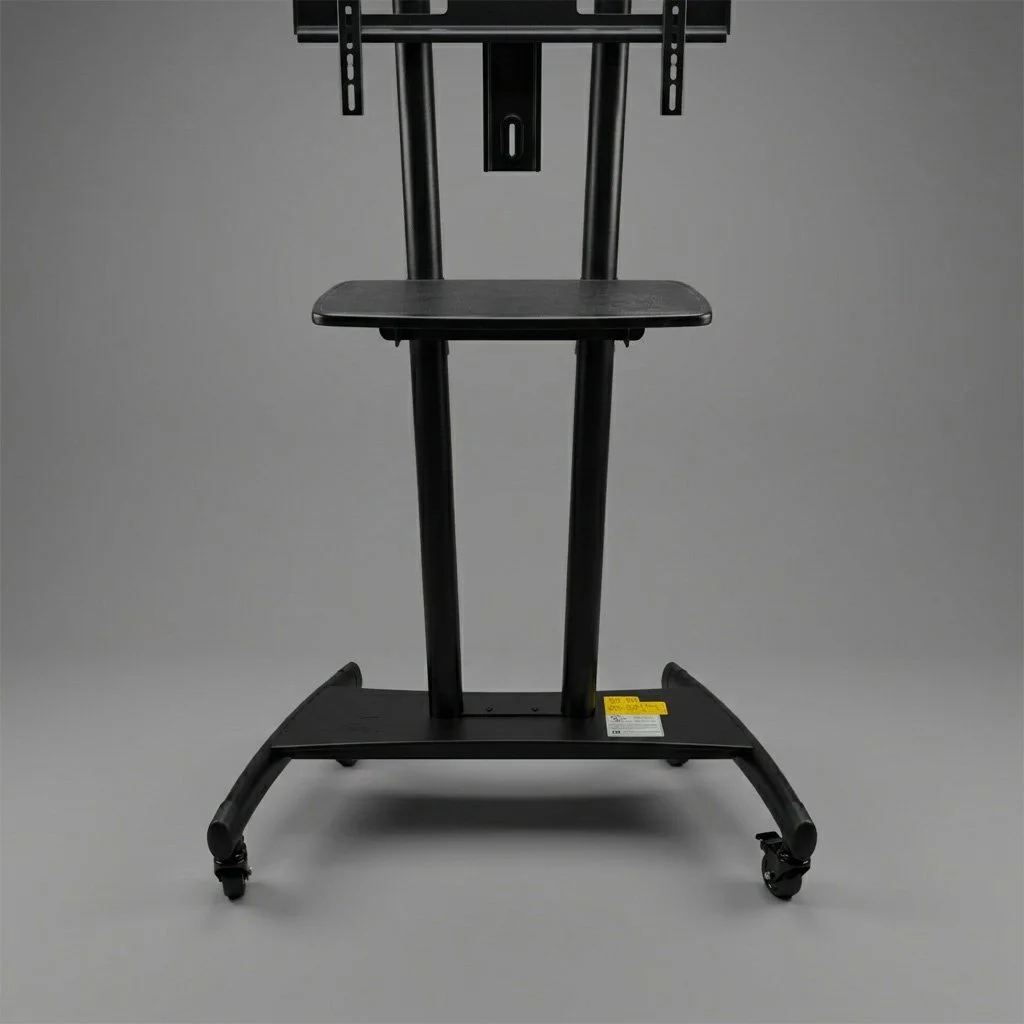 Black mobile TV stand against a plain gray background.