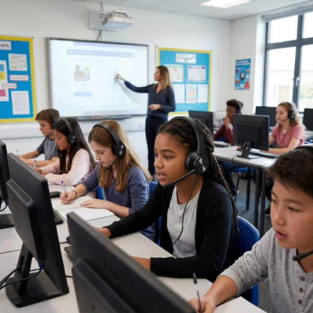 Students seated at desks using computers, with a teacher at the front of the classroom pointing at a digital whiteboard.