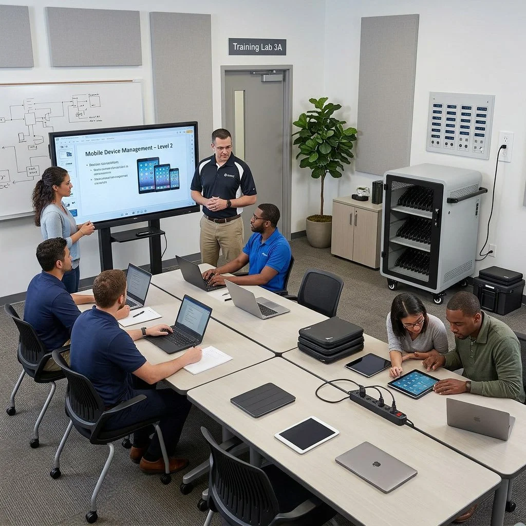 Group of people in a meeting room with laptops, tablets, and presentation screen about mobile device management.