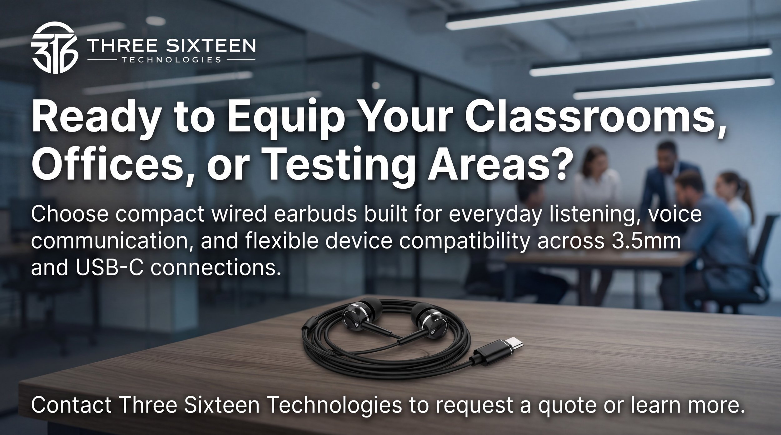 Wired earbuds with microphone displayed for educational and professional use.