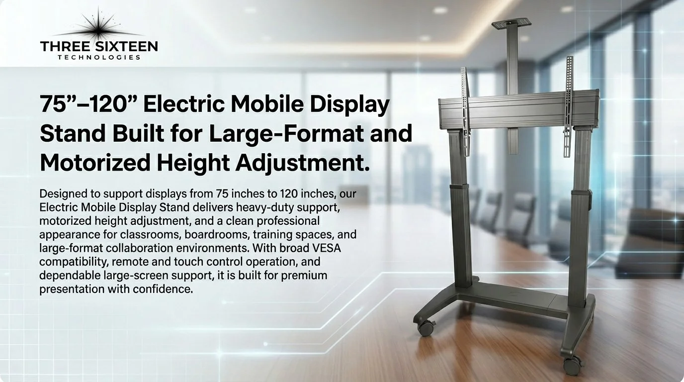 An adjustable electric mobile display stand with a large screen holder, suited for large-format displays from 75 to 120 inches, shown in a modern office setting.