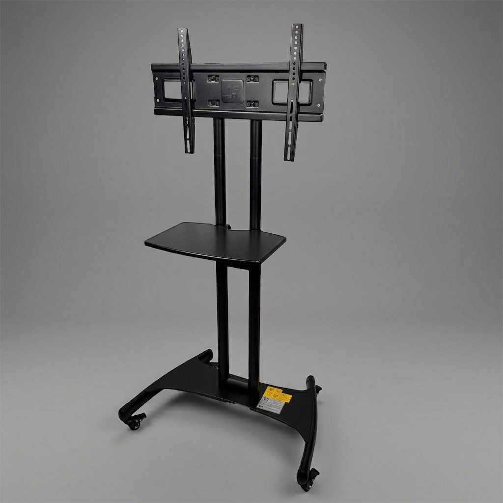A black mobile TV or monitor stand with a foldable mount and a small work surface, set against a plain gray background.