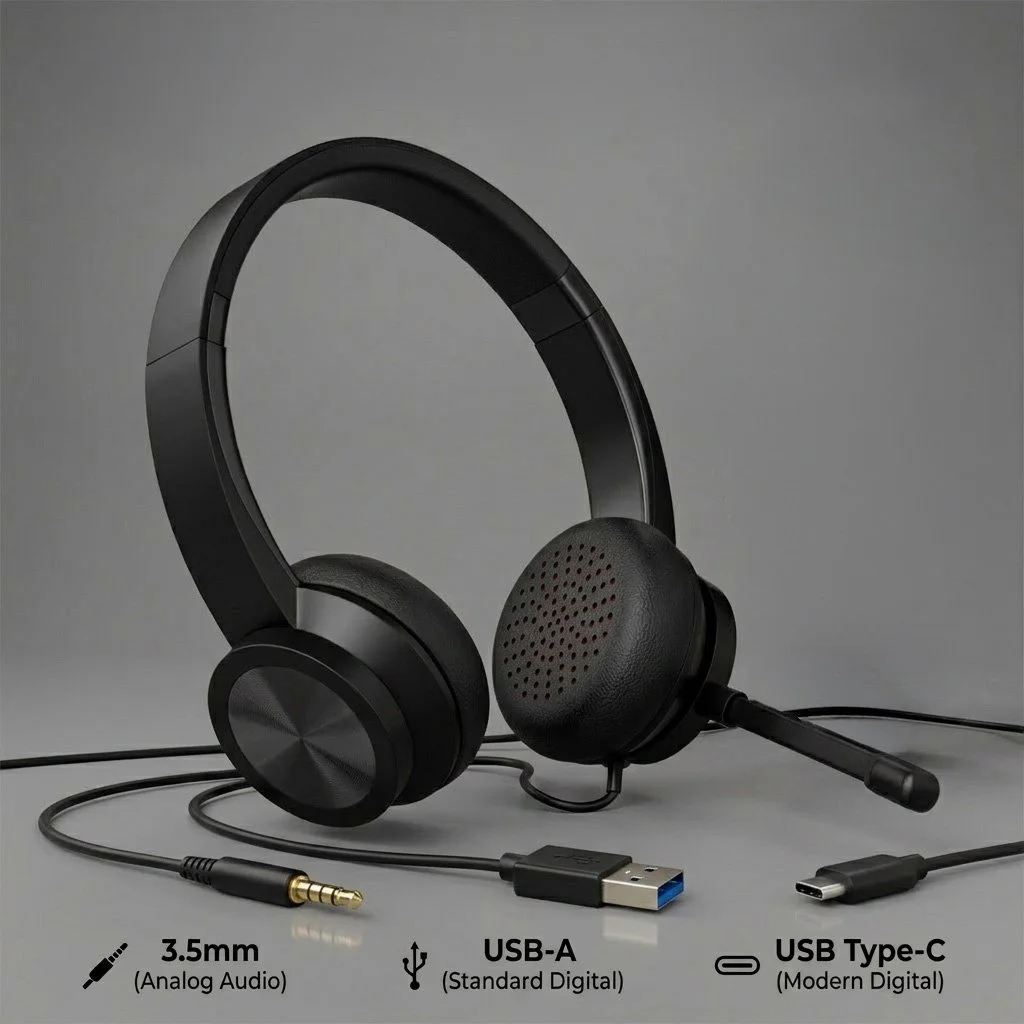 Black gaming headset with attached microphone and USB-C and USB-A connectors, placed on a gray background. Icons below indicate compatibility with 3.5mm analog audio, USB-A, and USB Type-C connections.