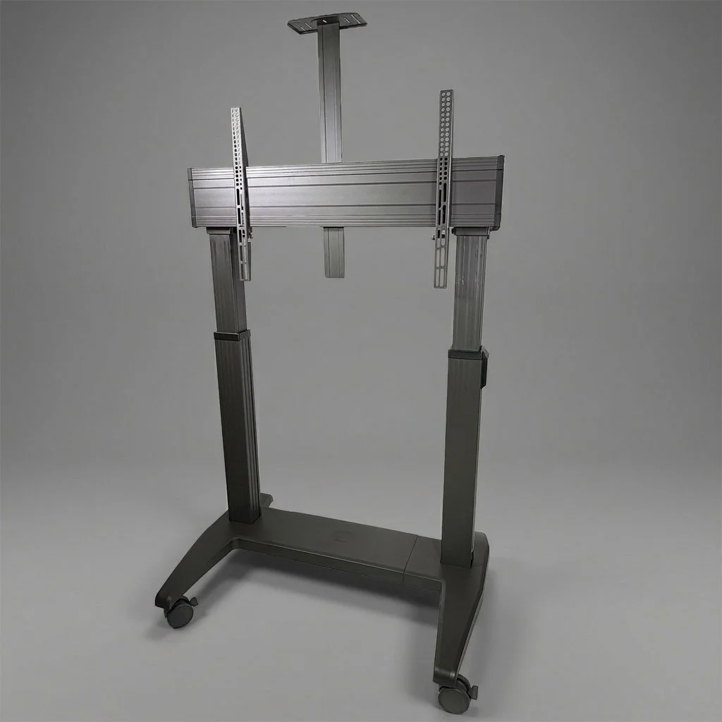 Adjustable metal TV or monitor stand on wheels with a horizontal support frame.