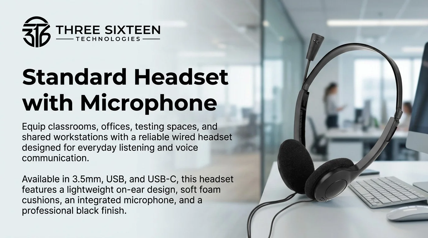 Standard wired headset with microphone for classrooms, offices, testing spaces, and shared workstations.