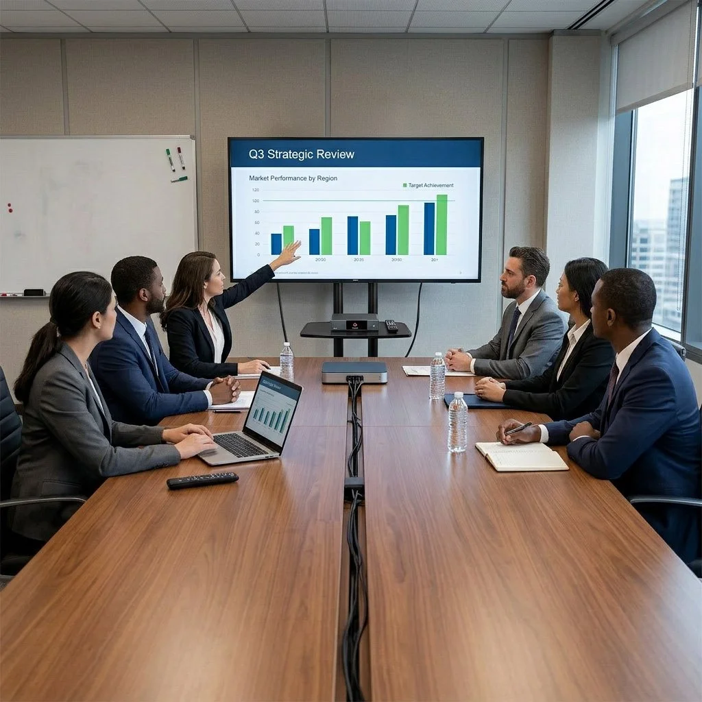 Business team in a conference room watching a woman present a bar graph titled 'Q3 Strategic Review'; the graph shows market performance by region with target achievement indicators.