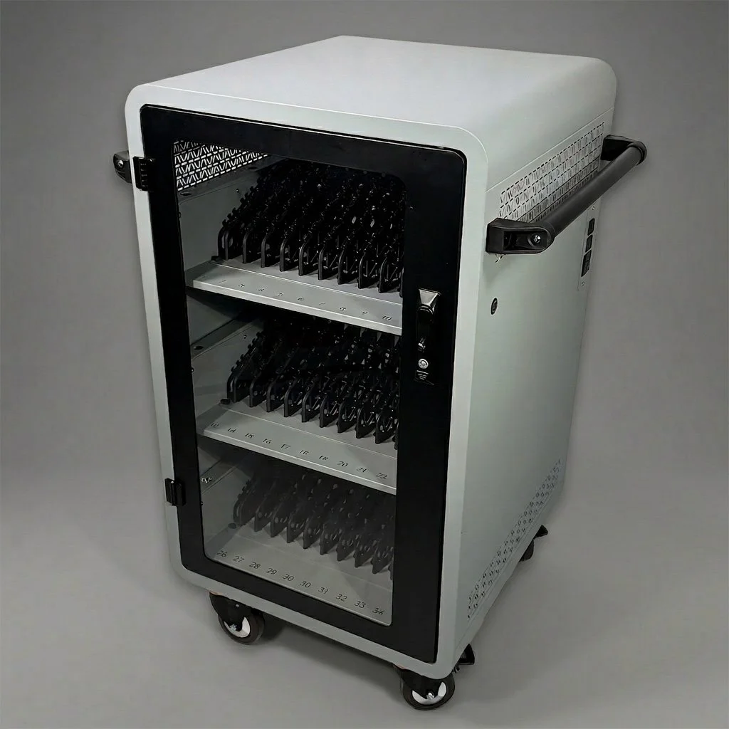 Medical or laboratory incubator or storage unit with multiple slots, glass door, on wheels, with black handles, gray body, and interior racks.