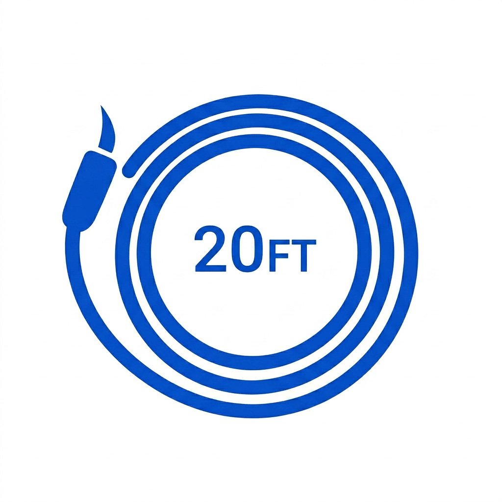 Blue illustration of a coiled extension cord with a plug and socket, marked with '20 FT' in the center.