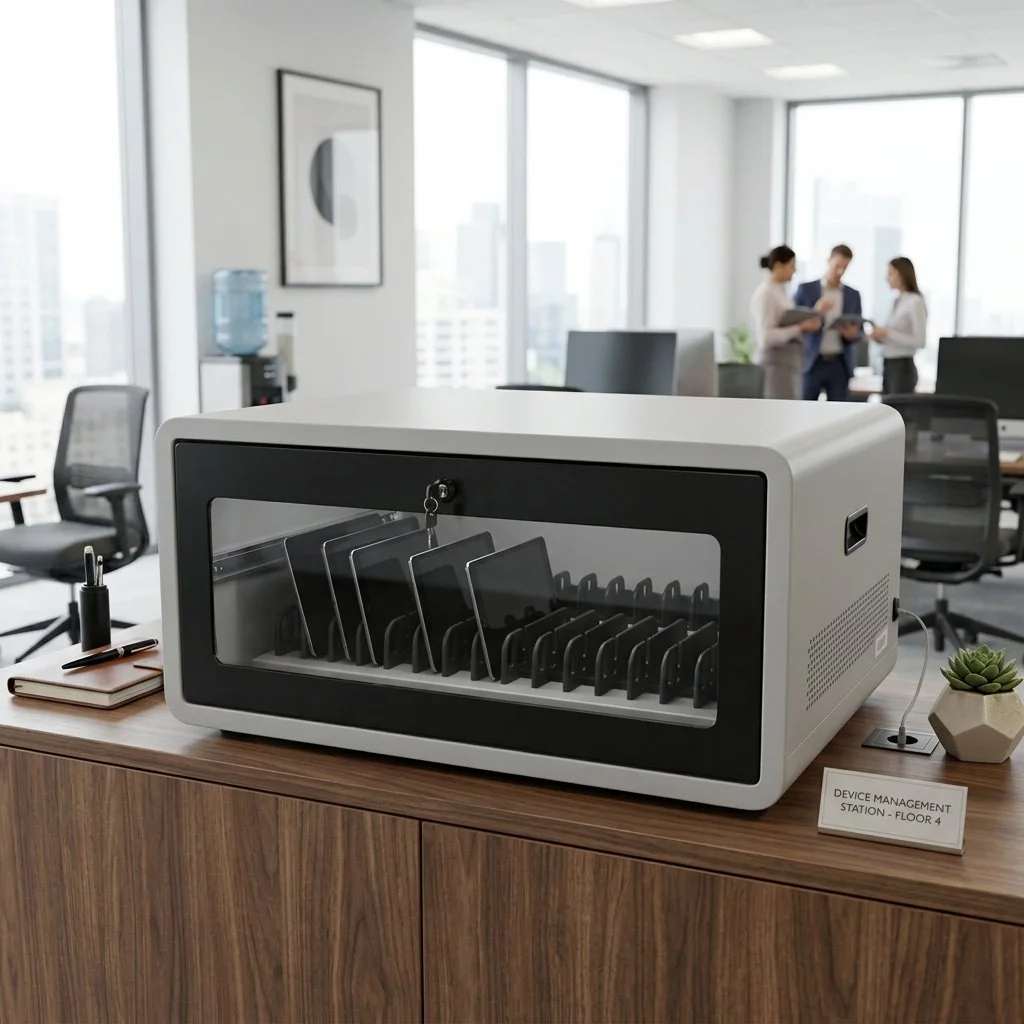A device sterilizer on a wooden table in a modern office with large windows. In the background, three people are standing and talking, and there are chairs and a water cooler.