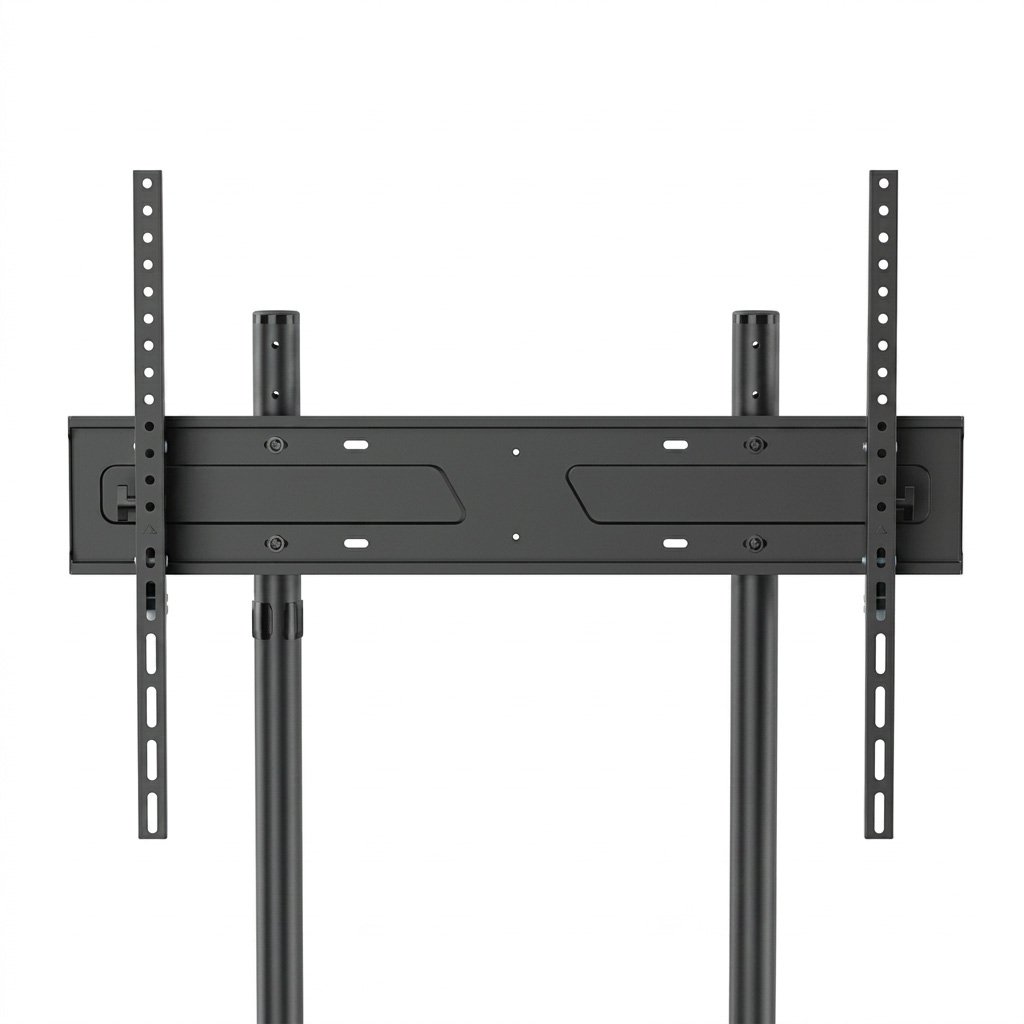 Close-up of the wide display mounting bracket and adjustable vertical mounting rails.