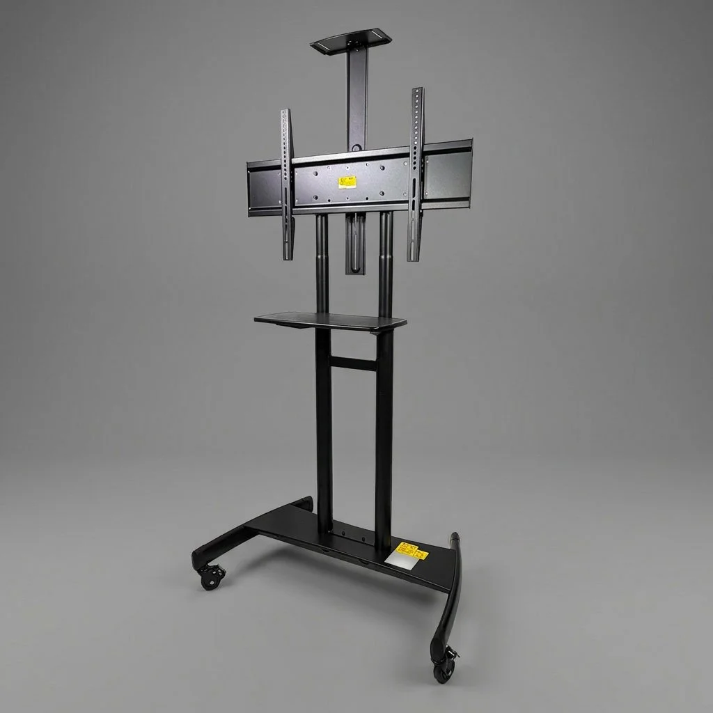 Adjustable TV or monitor mount with a rolling stand, black in color, with arm supports and a height adjustment mechanism.