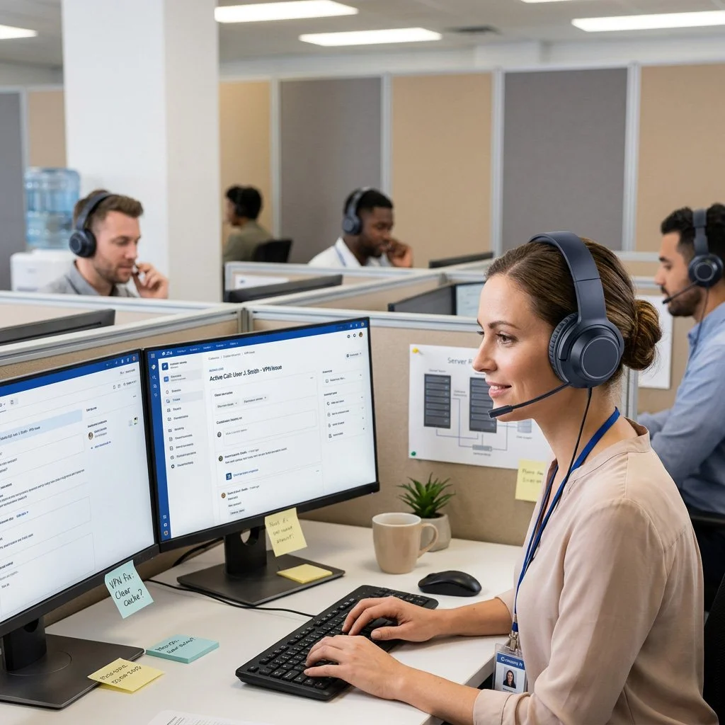 A woman wearing a headset is working at a computer on an office cubicle with other employees in the background.