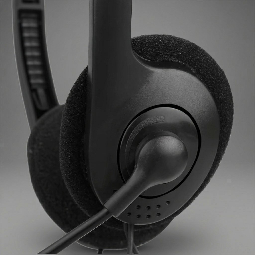 Close-up of black over-ear headphones with adjustable headband and attached microphone on a gray background.