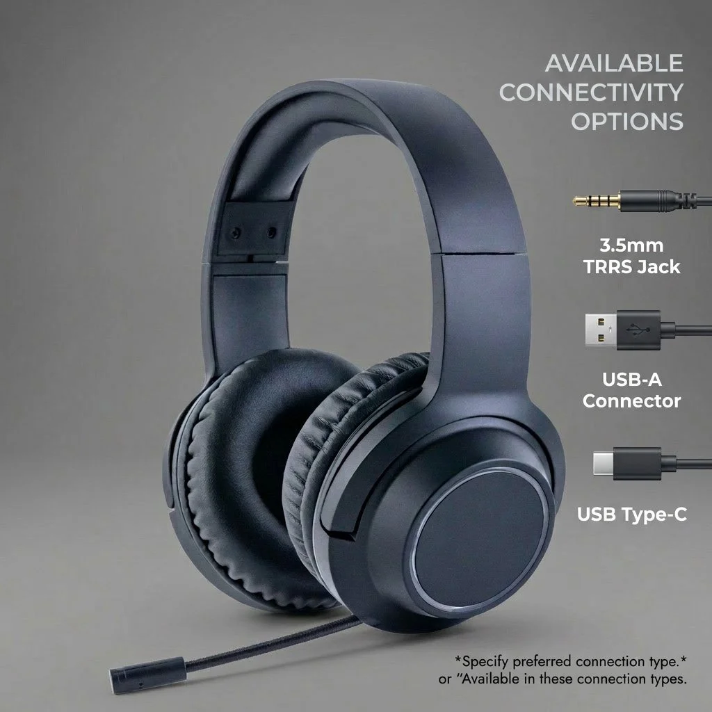 Black over-ear headphones with a flexible microphone attached, and three types of available connectivity options: 3.5mm TRRS Jack, USB-A Connector, and USB Type-C, displayed on a gray background.