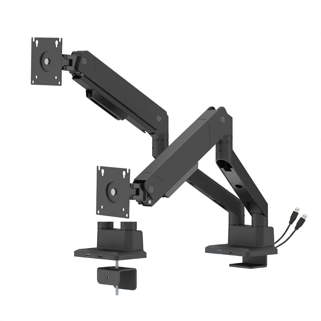 Matte-black LiftMax heavy-duty dual gas-spring monitor arm with USB-A and USB-C ports and clamp or grommet mounting options.