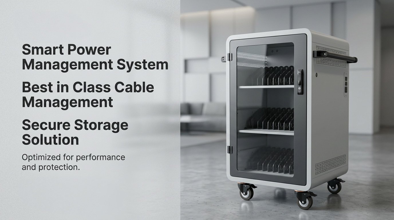 A portable, secure storage cabinet with multiple shelves and a glass door, designed for managing cables and power supplies, set in a modern industrial environment.