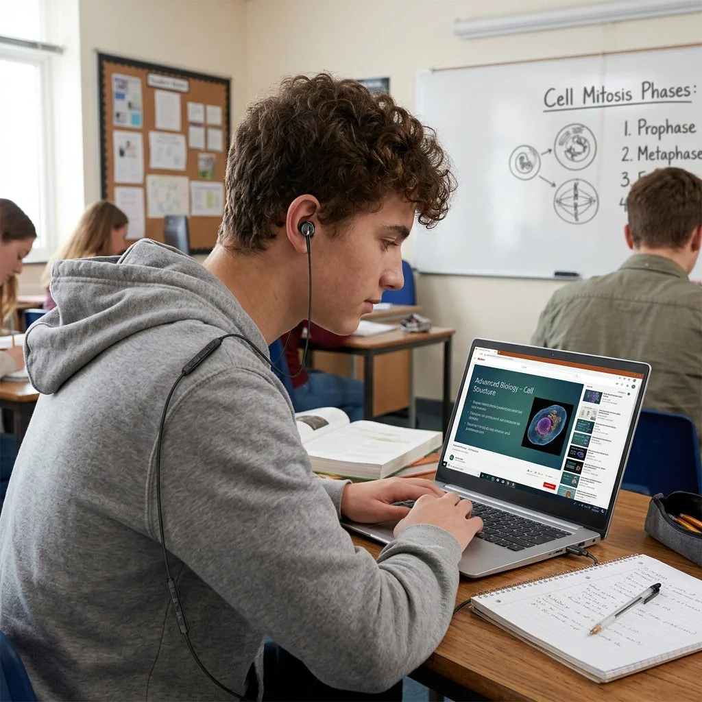 A high school student wearing a gray hoodie and earbuds is sitting at a desk, looking at a laptop screen with an online biology course. Other students are visible in the background in a classroom with a whiteboard about cell mitosis.