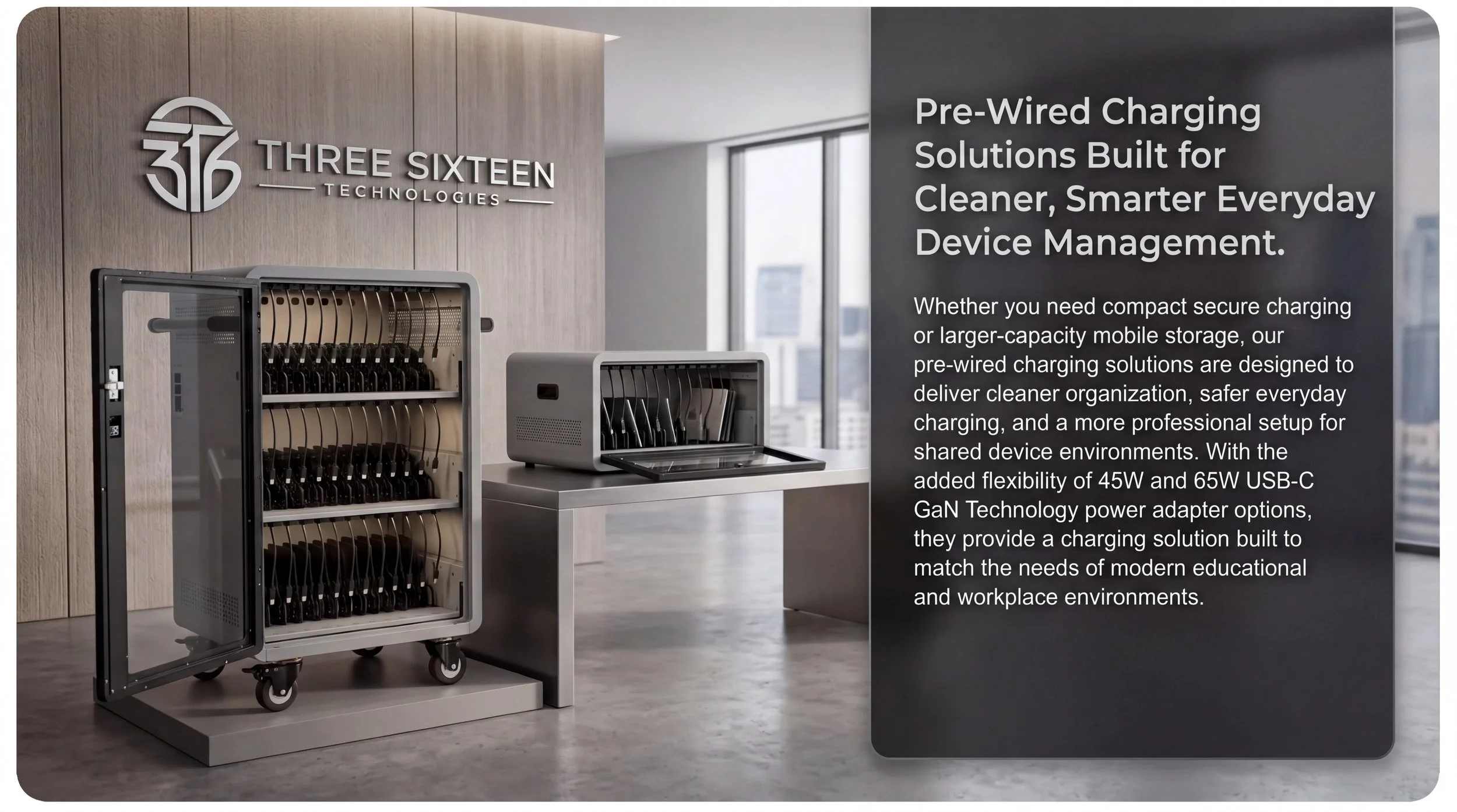 Pre-wired charging cabinet and mobile charging cart in a modern professional environment.