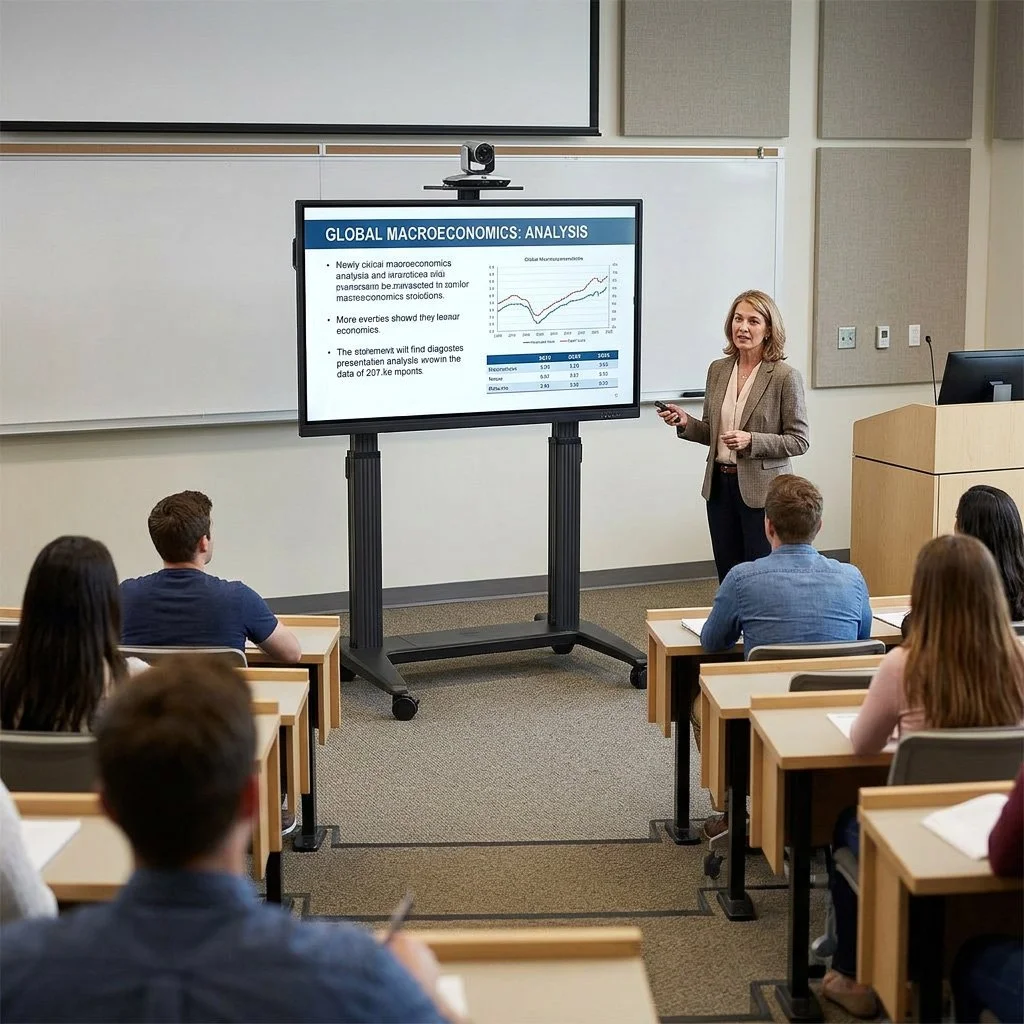 A woman presenter standing at the front of a classroom, giving a lecture on global macroeconomics, with students seated at desks facing her and a digital display showing a chart and text behind her.