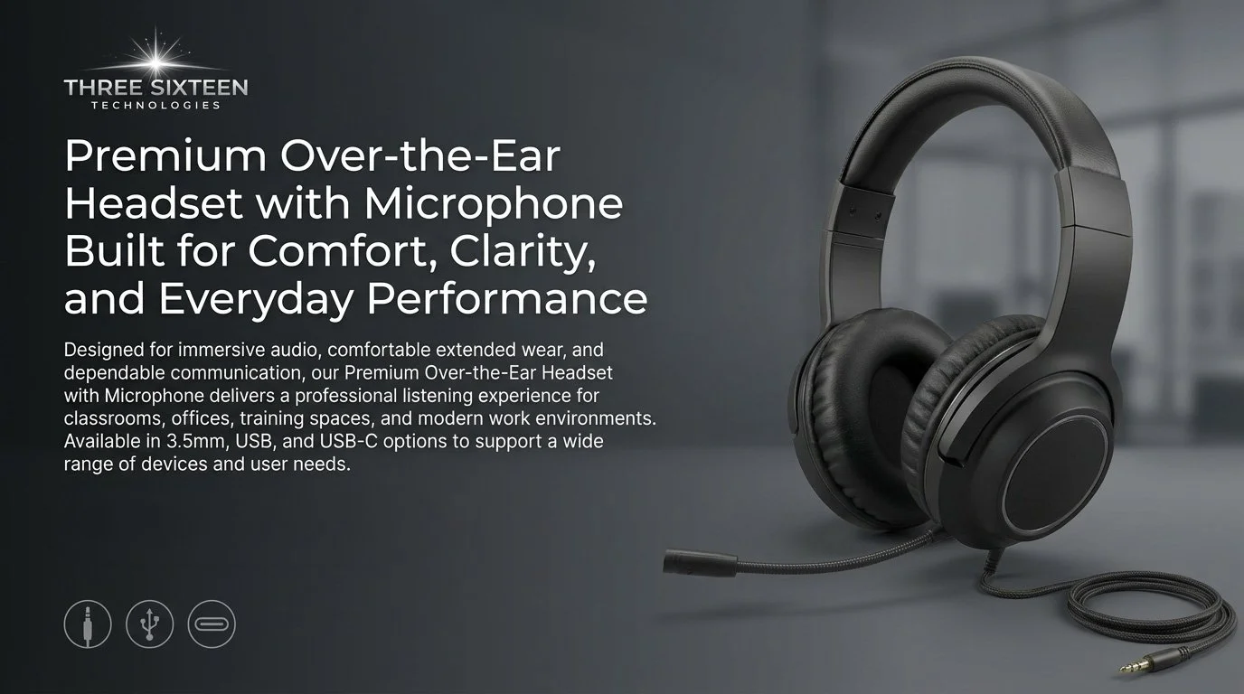 Black over-the-ear headset with microphone, featuring cushioned ear cups and adjustable headband, positioned on a gray background with product description text.