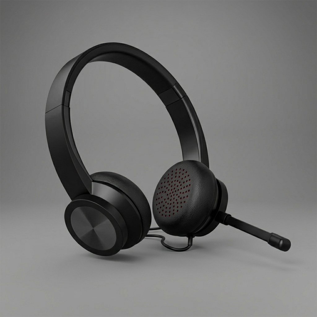 Black over-ear headset with attached microphone on a plain grey background.