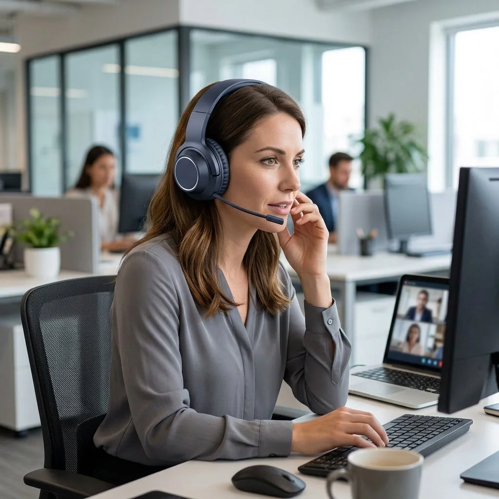 A woman wearing a headset working at a computer in an office with other employees in the background.