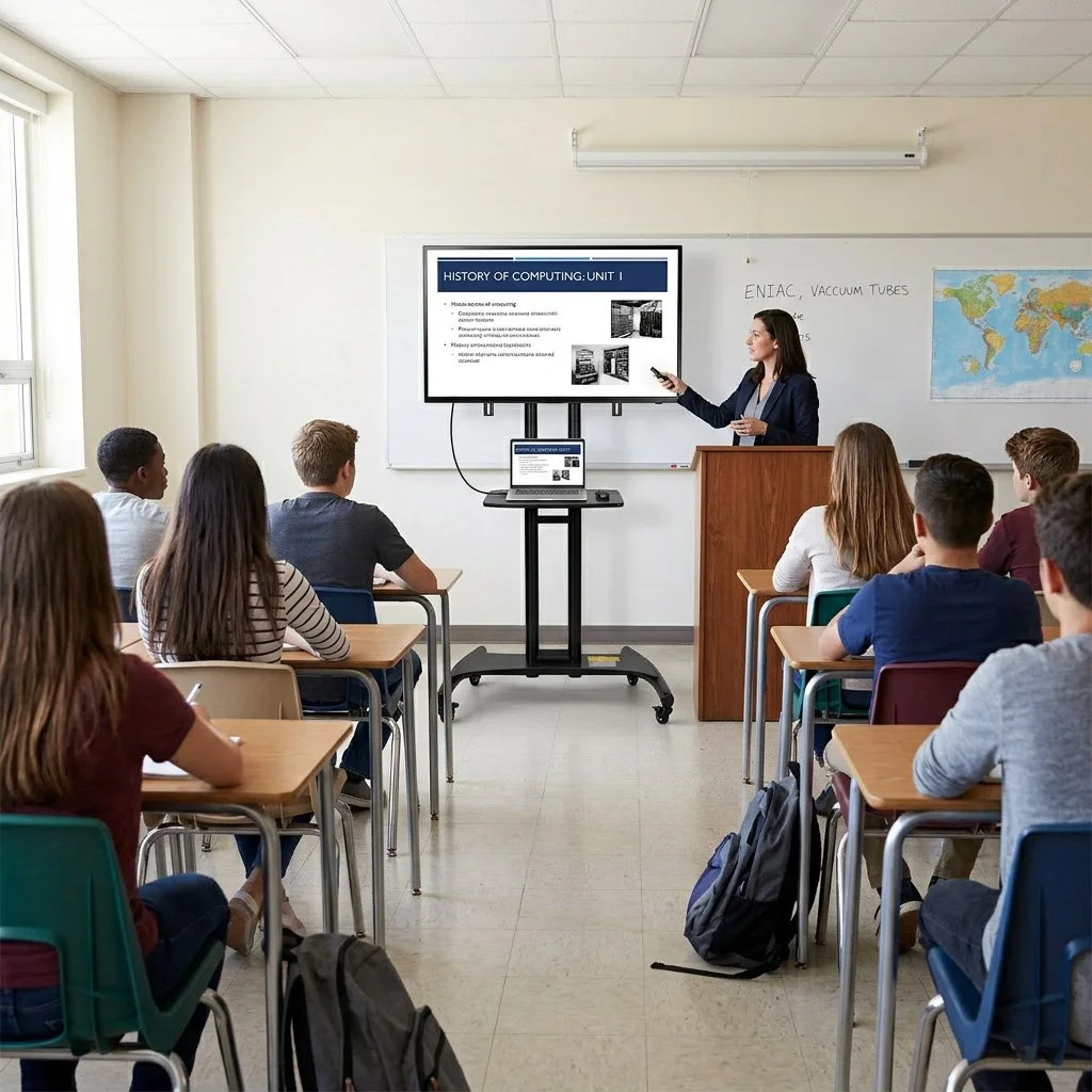 A classroom with students sitting at desks, a teacher standing at a lectern presenting a PowerPoint slide on a digital display, whiteboard, and world map on the wall.
