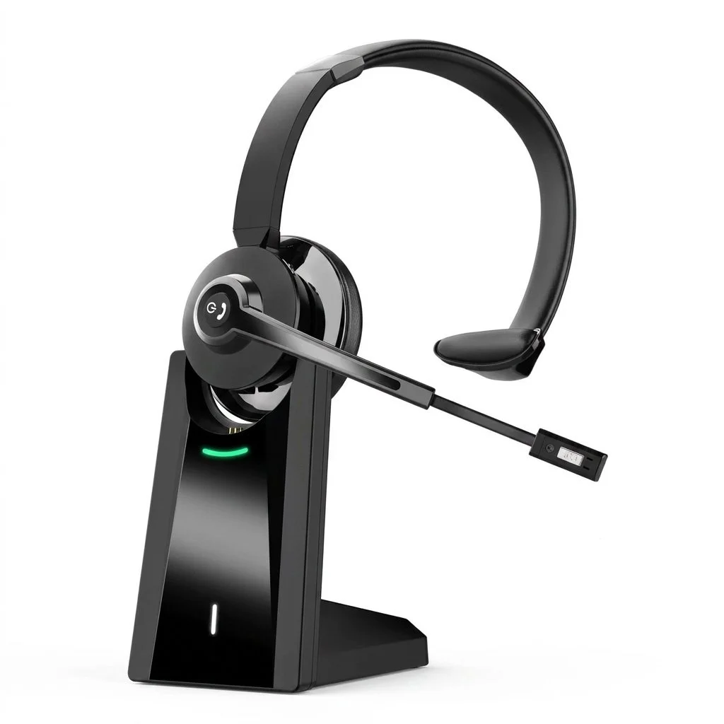 Single-ear wireless Bluetooth headset with USB dongle and charging base.