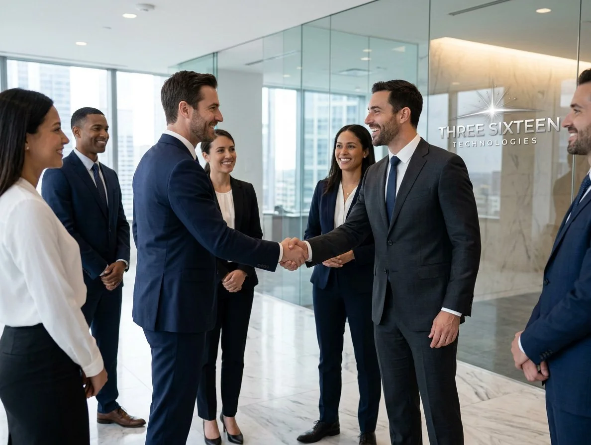 Two men in suits shaking hands in an office lobby with four women and a man watching, all dressed professionally smiling, with city buildings in the background.